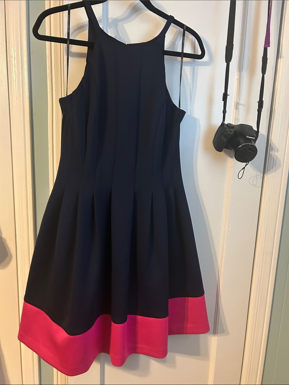 Vince Camuto Navy and Hot Pink Colorblock Fit & Flare Dress